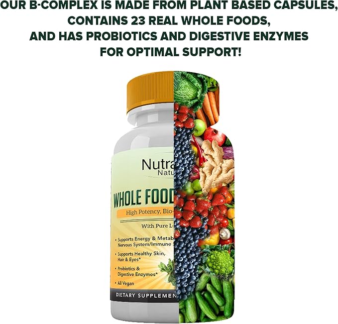 Vitamin B Complex - B Vitamins Whole Food Supplement, B12 Methylcobalamin, B1, B2, B3, B5, B6, B7, B9 - for Stress, Energy and Immune Support, Vegan, 120 Capsules