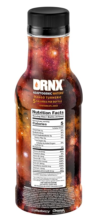 DRNX 12 Pack Adaptogenic Waters Complete Hydration Enhanced Beverage - Zero Sugar - 5 Calories - Super Herbs, B & D Vitamins, Antioxidants, Keto Friendly, All Natural (Mango Turmeric)
