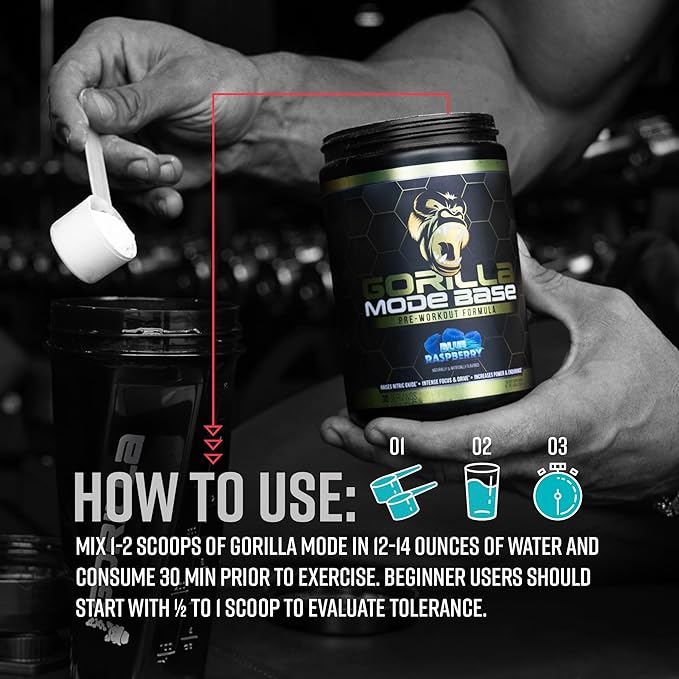 Gorilla Mode Base Pre Workout - Raises Nitric Oxide · Intense Focus & Drive · Endurance · Power - L-Citrulline, L-Tyrosine, Betaine, Alpha-GPC, Caffeine, Huperzine A - 360 Grams (White Gummy Bear)