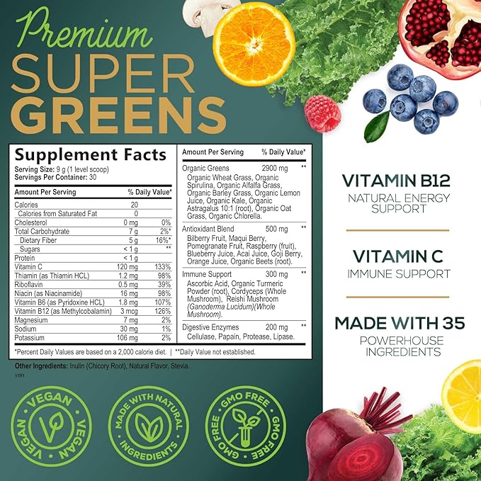 Super Greens Superfood Powder Drink Mix - Green Whole Food Blend for Energy & Gut Health with Spirulina, Chlorella, Mushrooms, Vegetables, Digestive Enzymes Antioxidant & Probiotics - 30 Servings