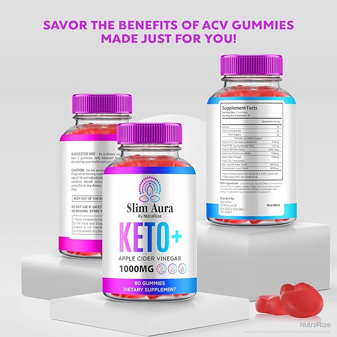 (2 Pack) Slim Aura Keto ACV Gummies, Official SlimAura Keto + ACV Gummies, All Natural Apple Cider Vinegar Gummy, Premium Keto Plus ACV Formula, ACV Keto Gomitas (120 Gummies)