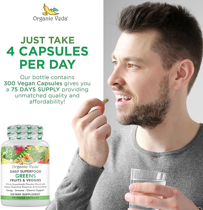 Organic Veda Superfood Greens Fruits & Vegetables 300 Capsules | 30 Daily Organic Fruits & Veggies with Chlorophyll, Papaya Enzymes, Acerola Vitamin C, Turmeric, Beet, Moringa, Green Tea Extract