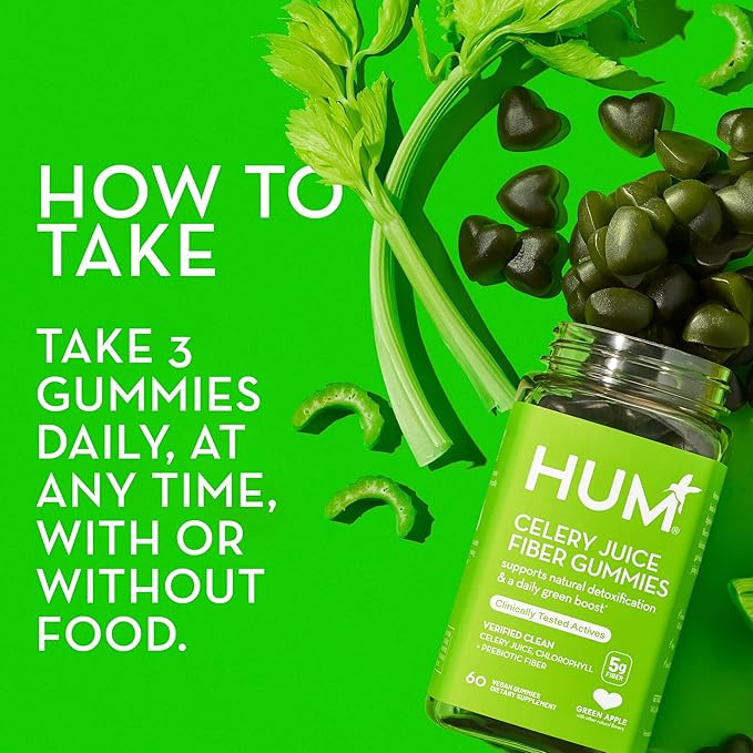 HUM Celery Juice Fiber Gummies The First Prebiotic Celery Juice Gummy, Supports Detoxification and A Daily Green Boost with Celery Juice, Chlorophyll, and Prebiotic Fiber (60-Count)