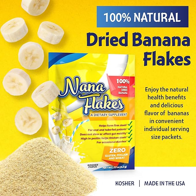 Nana Flakes 100% Pure Banana Flakes Medical Food Powder - Decrease Fat Intake & Natural Remedy for Diarrhea & Heart Burn - Great Source of Protein & Fiber (25 Single-Serve Packs)