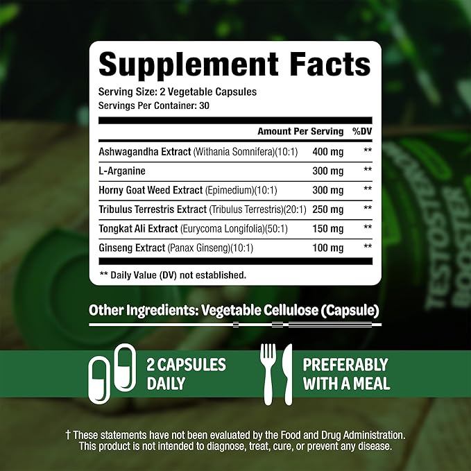 Testosterone Booster Supplement for Men - Male Enhancing Test Boost - Ashwagandha, L-Arginine, Tongkat Ali, Tribulus + More - Workout, Build Muscle, Strength, Energy & Performance - 2 Month Supply