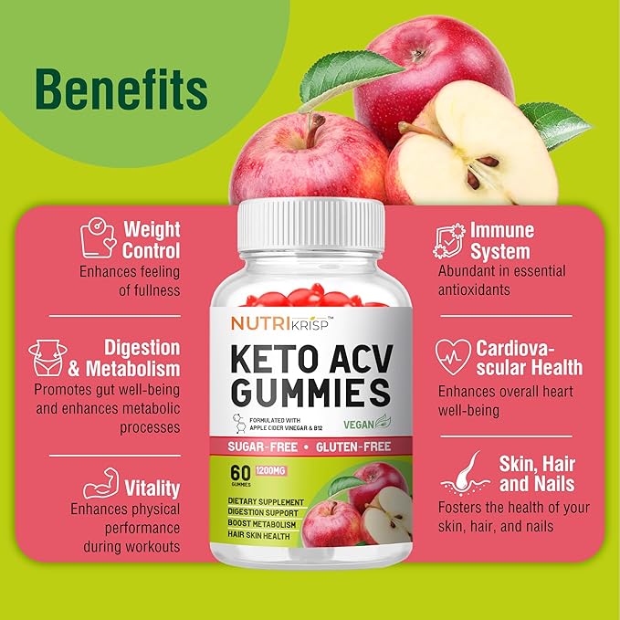 Organic Keto ACV Gummy for Weight Loss - Sugar & Gluten Free Apple Cider Vinegar Diet Supplement for Fat Burn - Support Digestion Metabolism Hair Skin for Men Women (1200MG)