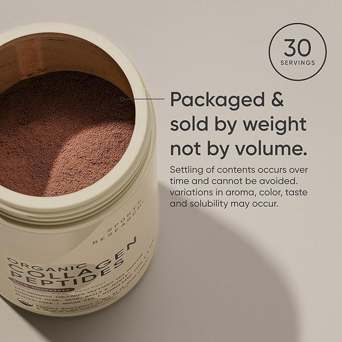 Sports Research Organic Collagen Powder - Hydrolyzed Type I & III Collagen Protein - USDA Organic, Gluten Free, Sustainably Sourced - Dark Chocolate - 30 Servings