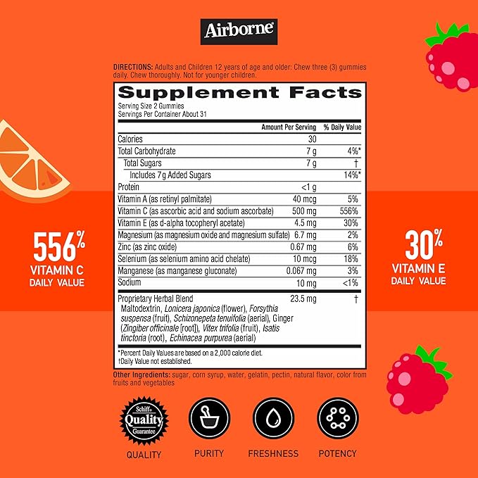 Airborne KIDS 500mg Vitamin C Gummies, Kids Immune Support Zinc Gummies With Powerful Antioxidants Vit C & E - 63 , Assorted Fruit Flavor