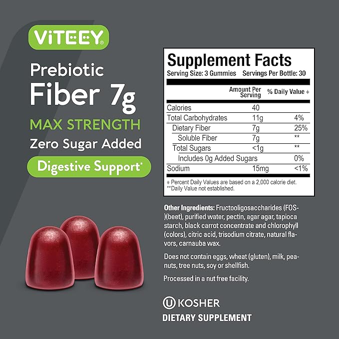 Prebiotic Fiber Gummies for Adults, 7g - Zero Sugar Added - Fiber Supplement Gummies for Digestive Health Regularity & Natural Weight Support - Vegan, Gelatin Free - Chewable Fruit Flavored Gummy