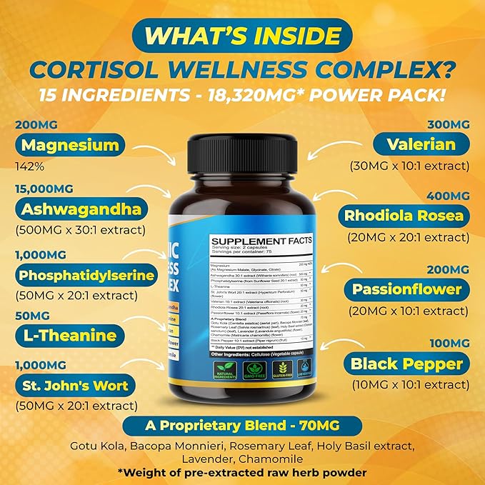VEGATOT Organic Cortisol Wellness Complex 15-in-1 Formula with Magnesium Ashwagandha St. John's Wort Valerian Rhodiola Rosea Passionflower Chamomile