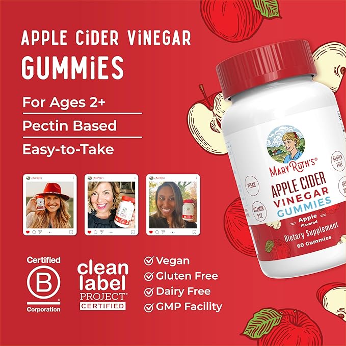 MaryRuth Organics Apple Cider Vinegar Gummies | ACV Gummies for Immune Support | Vegan | Non-GMO | Gluten Free | 60 Count