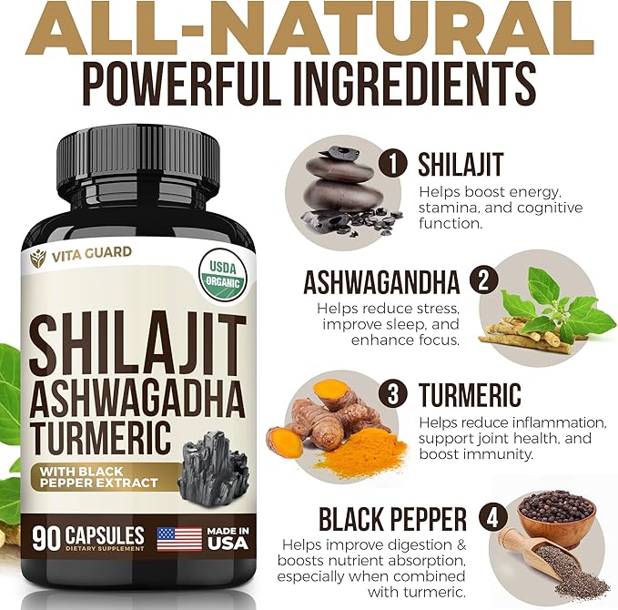 Himalayan Shilajit with Turmeric Curcumin & Ashwagandha - 1610mg High Potency Vegan Capsules, Fulvic Acid, 95% Curcuminoids for Joint Support, Mood Enhancement, Immune Boost, 90 Count