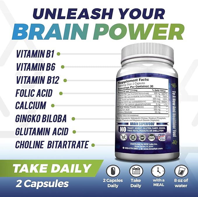 Brain Supplements for Memory and Focus - Ginko Biloba Capsules Brain Booster Supplement with B1, Folic Acid & Calcium - Memory Supplements for Cognitive Function & Brain Health 3 Bottles