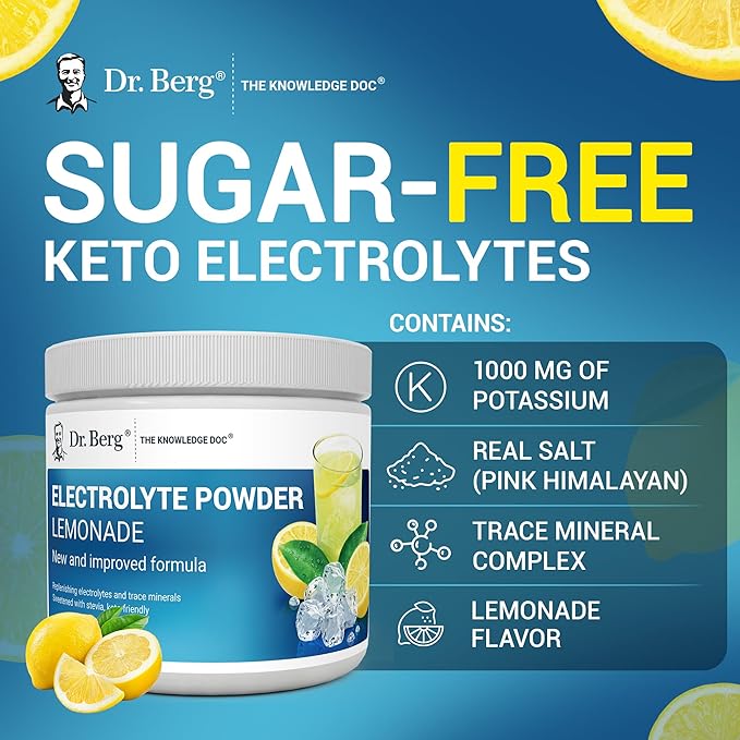 Dr. Berg Zero Sugar Hydration Keto Electrolyte Powder - Enhanced w/ 1000 mg of Potassium & Real Pink Himalayan Salt (NOT Table Salt) - Lemonade Flavor Hydration Drink Mix Supplement - 50 Servings