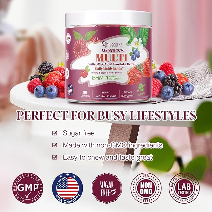 Womens Multivitamin Gummies with Prebiotics, Omega-3, Inositol, FOS, Vitamins A, C, D3, E, B12 – Sugar-Free Daily Support Heart, Brain Health, Gut, Digestion, Energy, Immune, Berry Flavor