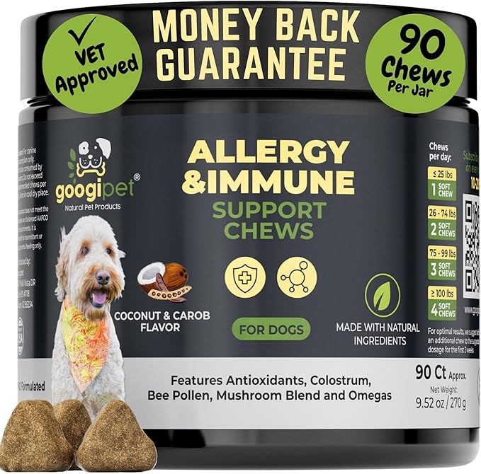 Googipet Dog Allergy Chews, Dog Allergy Relief & Itchy Skin Relief, Dog Skin & Coat Supplement +Bee Pollen, Colostrum for Dogs, Coconut Oil, Probiotics, & Omega 3 Fish Oil for Dogs Itching Skin Relief
