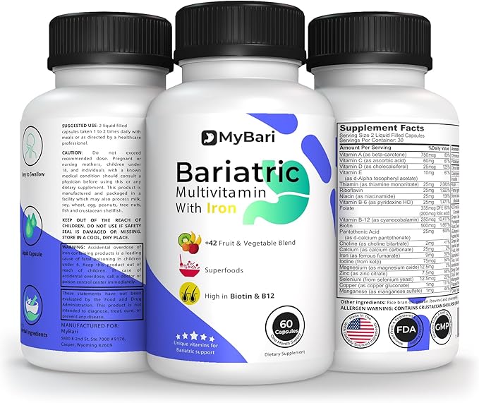 All-in-One Bariatric Multivitamin with Iron - Made in USA - for Men & Women - Supports Gastric Sleeve & Bypass with 42+ Fruit & Veggie Blend - 60 Liquid Capsules