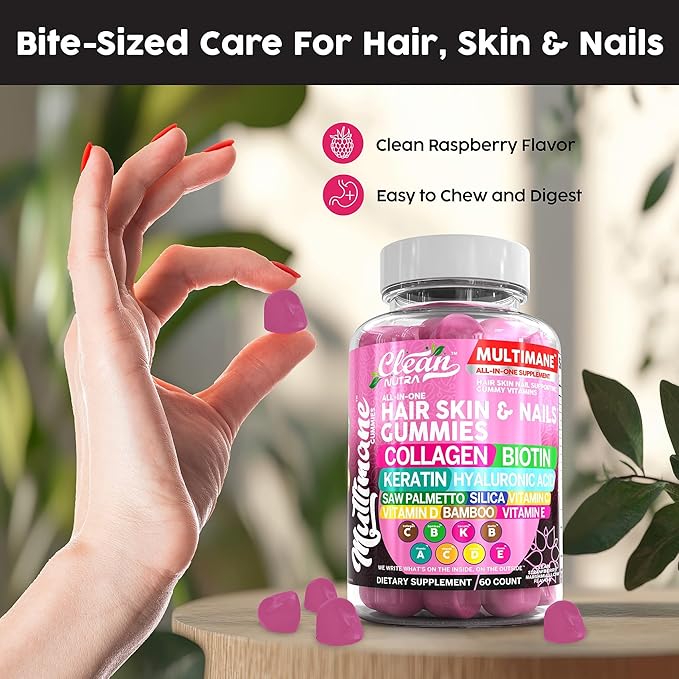 Biotin Collagen Keratin Gummies | Hair Skin and Nails Vitamins for Women | Hyaluronic Acid Bamboo Vitamin A C D3 E Folate With Saw Palmetto Silica B3 B12 Vegan Gummy By Clean Nutra