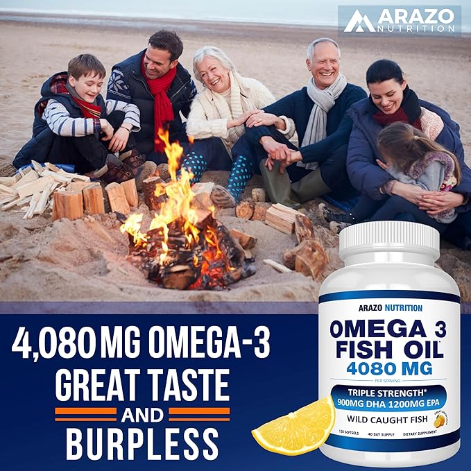 Arazo Nutrition Wild Caught Omega 3 Fish Oil – 120 Soft Gels – 4,080mg High EPA 1200mg DHA 900mg Lemon Flavor Burpless Softgels