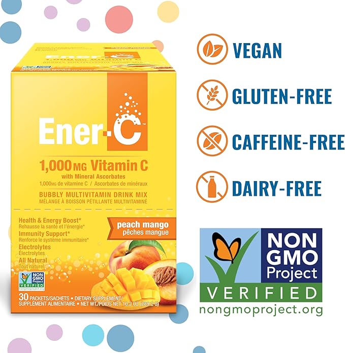 Ener-C Peach Mango Multivitamin Drink Mix Powder Vitamin C 1000mg & Electrolytes with Real Fruit Juice Natural Energy & Immune Support for Women & Men - Non-GMO Vegan & Gluten Free - 60 Count
