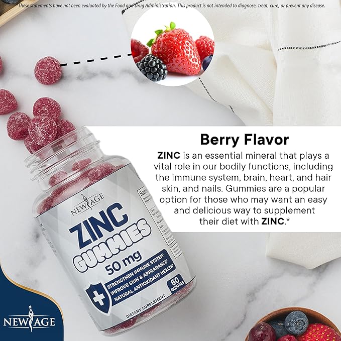 NEW AGE Zinc Gummies - 50mg High Immune Booster Zinc Supplement, Immune Defense, Powerful Natural Antioxidant, Non-GMO - by New Age (60 Count (Pack of 1))