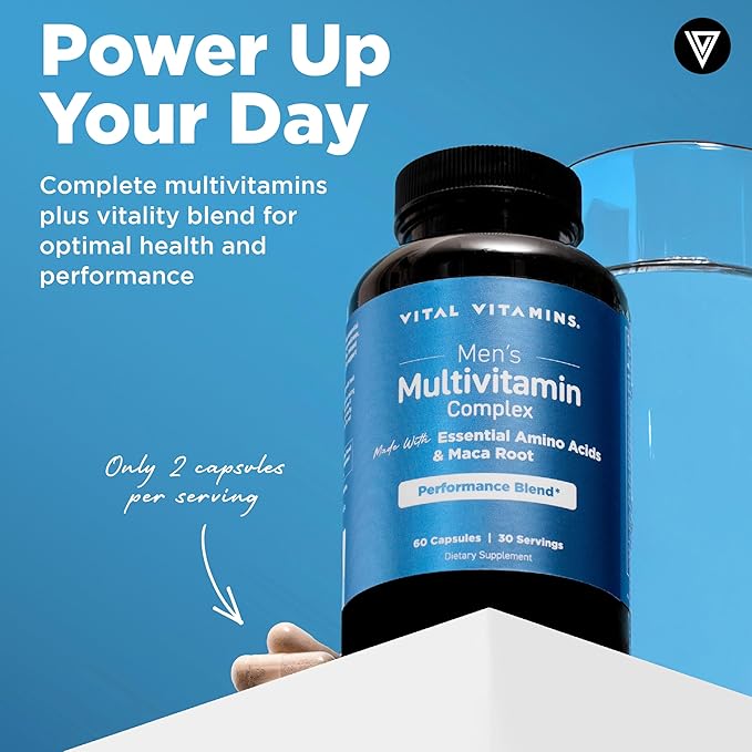 Vital Vitamins Men's Multivitamin Complex - Made with Essential Amino Acids & Maca Root - with Vitamin A, C, E, B6, B12, D3 & Male Performance Blend - Daily Mens Multivitamin - 60 Capsules