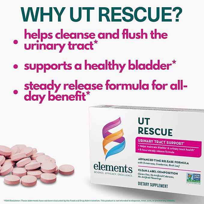 Elements UT Rescue, 60 Tablets (30 Day Supply), Urinary Tract Support Supplement, Bladder and Urinary Tract Health Support and Cleanse, Gluten Free