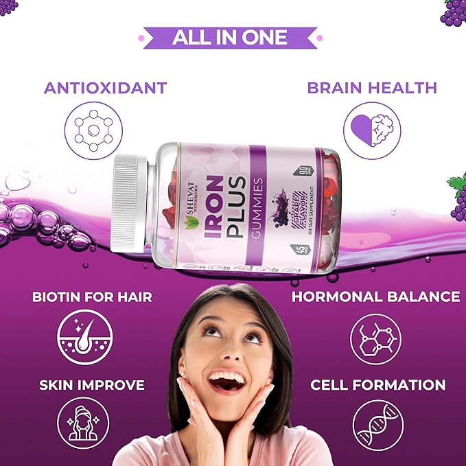 Family Iron Gummies for Women, Men & Kids– Chewable Iron Supplements for Women Anemia & Men – Kids Iron Gummies with Iron Vitamins for Women – Vegan,Gluten-Free(Grape Flavor) Immune Support – USA Made