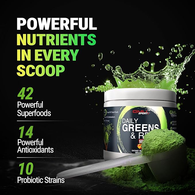 GMU SPORT Greens and Reds Superfood Powder - Reds and Greens Powder Supplement with 42 Superfoods, Antioxidants, Adaptogen and Probiotics for Digestive Health and Mental Focus - Peach Berry