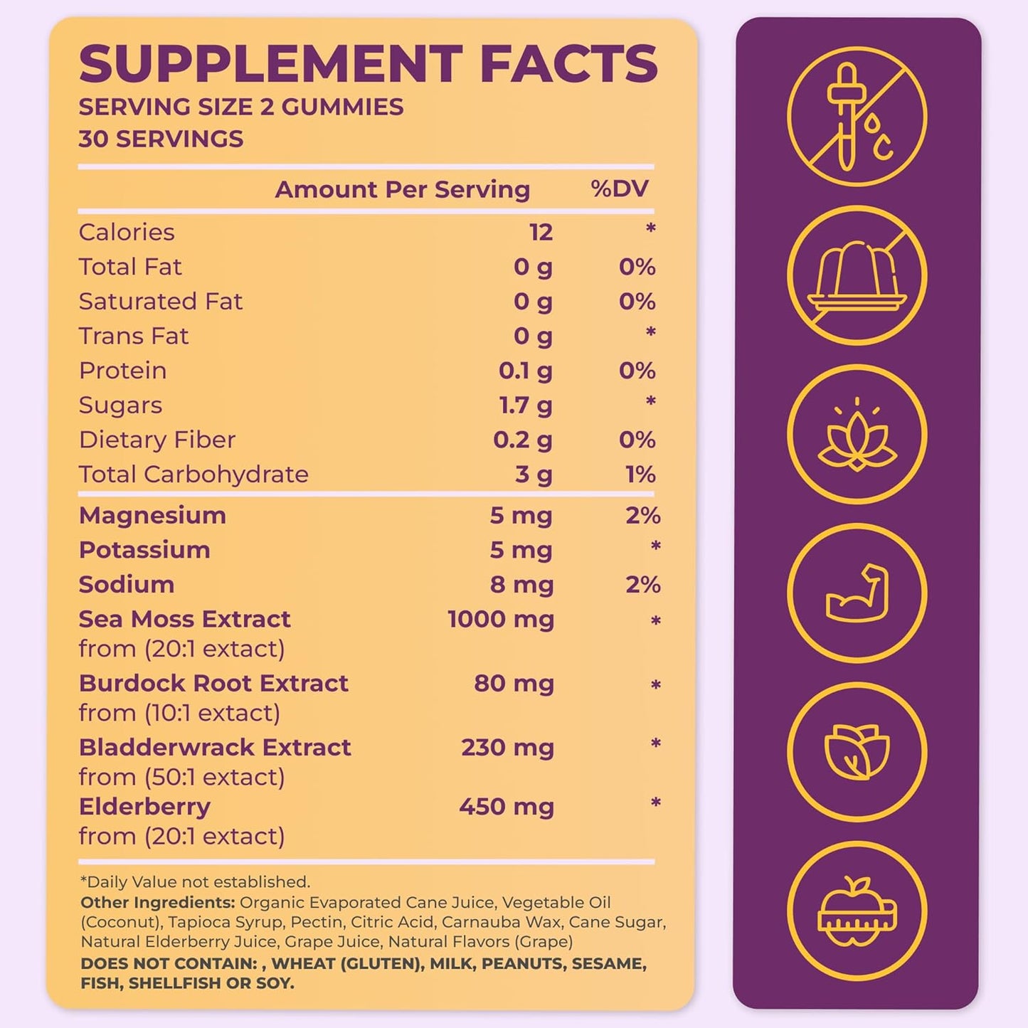 Sea Moss Elderberry Gummies for Adults & Kids - Magnesium, Burdock Root & Bladderwrack – Supports Immune, Boost Energy, Skin & Hair Health, Detox – Made in USA - 60 Vegan Gummies