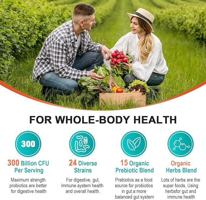 Probiotics for Women & Men - 300 Billion CFU & 24 Strains Probiotic with 15 Organic Herbs Prebiotics Blend, for Overall Digestive Health, Immune, Constipation, Gut & Bloating Health - 2 Month Supply