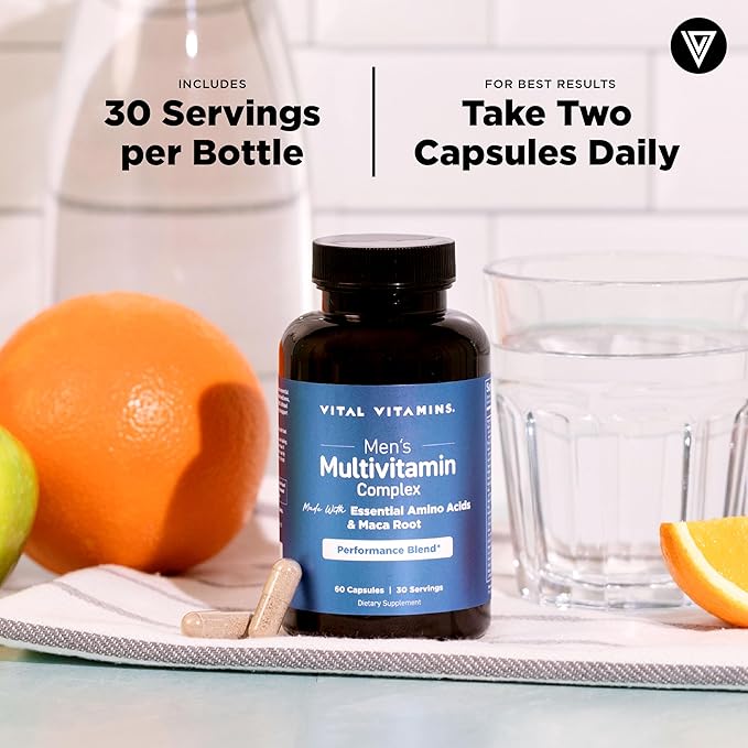 Vital Vitamins Men's Multivitamin Complex - Made with Essential Amino Acids & Maca Root - with Vitamin A, C, E, B6, B12, D3 & Male Performance Blend - Daily Mens Multivitamin - 60 Capsules