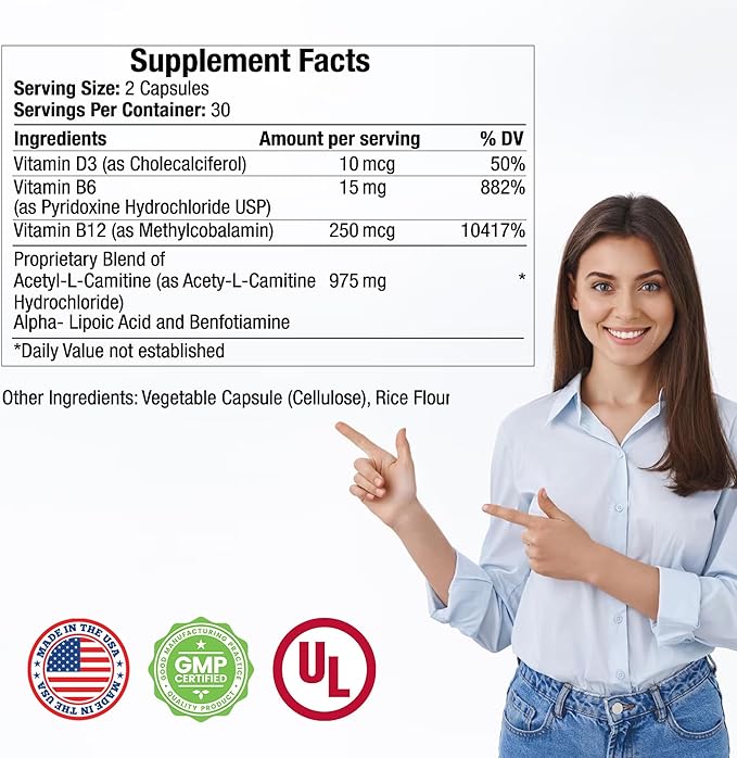 Neuropathy Support Neuro and Nerve Health Supplement with Vitamin D3, B6, B12, Acetyl-L-Carnitine, Alpha-Lipoic Acid, and Benfotiamine Supports Feet Nerve Function 60 Vegetable Capsules