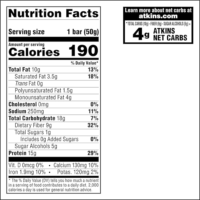 Atkins Soft Baked Energy Bars, Vanilla Macadamia Nut, 15g Protein, 1g Sugar, Excellent Source of Fiber, Low Carb, 4 Packs (5 Bars Each)