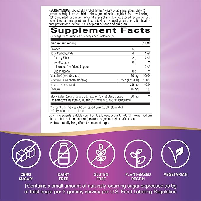 Nature’s Way Sambucus Zero Sugar Immune Gummies, Daily Immune Support*, Black Elderberry Extract, Vitamin C, Vitamin D3, Zinc, Sugar Free, Sugar Alcohol Free, Plant-Based Sweeteners, 70 Gummies