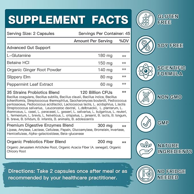 Probiotics for Women-Men Digestive Health with 120 Billion Probiotics, Prebiotics and Probiotics for Women-Men, Digestive Enzymes, Nutrient Absorption, Immune Support, 90 Veggie Caps (45 Days Supply)