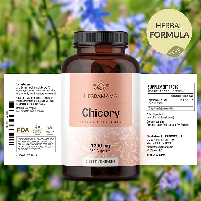 HERBAMAMA Chicory Inulin Capsules - 1200 mg Chicory Root for Digestive Health - Inulin Prebiotic Fiber Gut Cleanse Supplement - Vegan, Non-GMO - 250 Caps