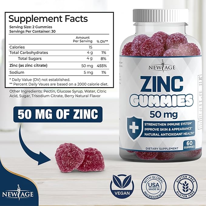 NEW AGE Zinc Gummies - 50mg High Immune Booster Zinc Supplement, Immune Defense, Powerful Natural Antioxidant, Non-GMO 180 Count (Pack of 3)