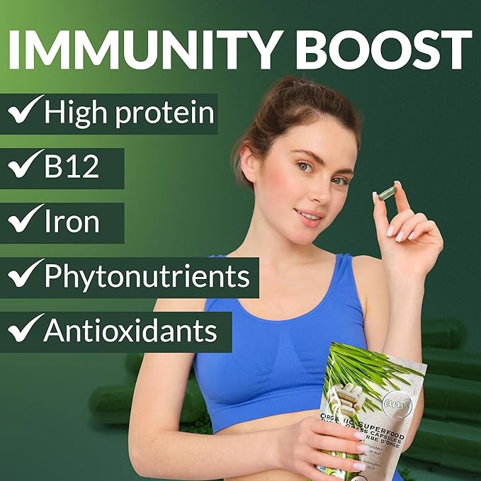 am2 Organic Barley Grass Capsules – Pure Barley Grass Juice Powder Capsules, Green Superfood Supplement – Rich in Fiber & Antioxidants – Support Immunity & Digestive Health – 200 Caps (200g)
