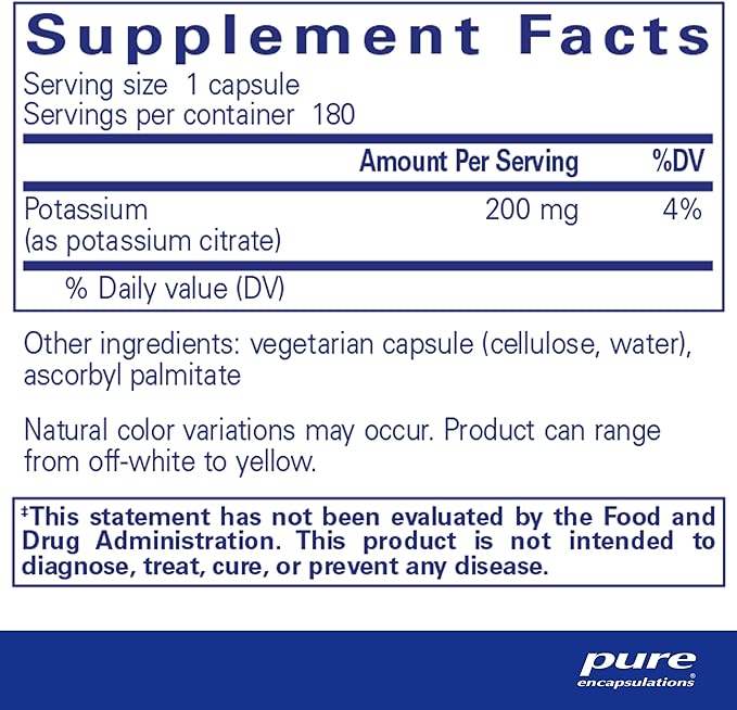Pure Encapsulations Potassium (Citrate) - Essential Electrolyte Supplement to Support Nerve & Muscle Function, Adrenals, Hormones, Heart Health & Energy* - Potassium Citrate Capsule - 180 Capsules