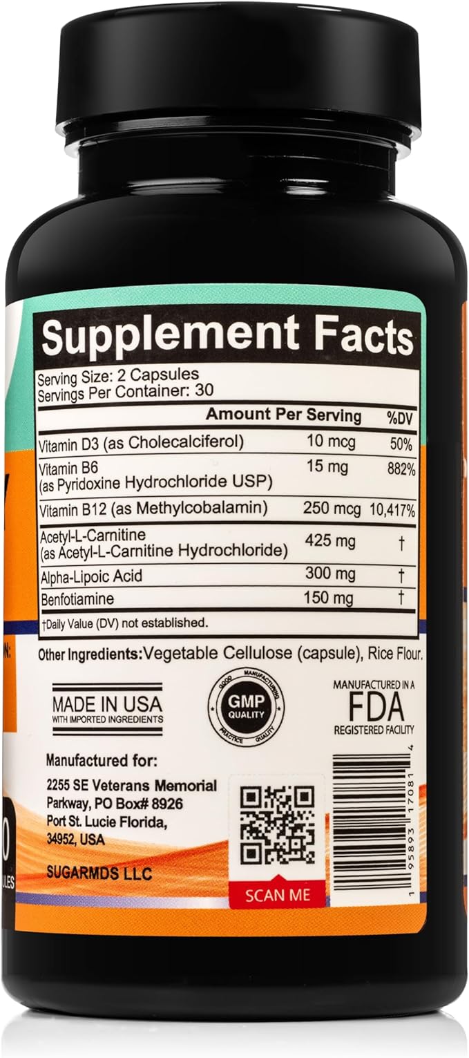SugarMD Neuropathy Support Supplement โ 60 Nerve Supplement Capsules with Alpha Lipoic Acid, Benfotiamine & Vitamin D3 B6 B12 - Nerve Support Supplement for Feet, Hands, Fingers & Legs - 30 Day Supply