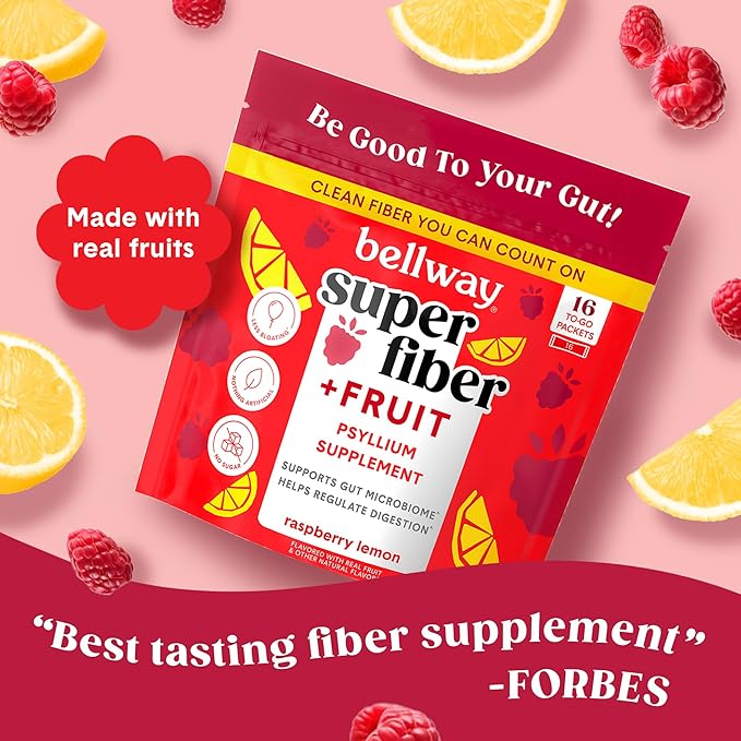 Bellway Super Fiber Packets + Fruit, Sugar Free Organic Psyllium Husk Powder Fiber Supplement to Go for Regularity, Bloating Relief & Gut Health, Non-GMO, Plant-Based, Raspberry Lemon (16 Packets)