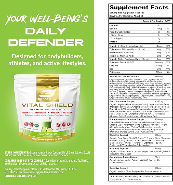 Granite Supplements Vital Shield - (30 Servings) Greens Superfood Powder - Fruit & Vegetable Super Foods Powder for Performance, Gut Health, Immunity & Nutrition, Lemon Lime Berry Greens