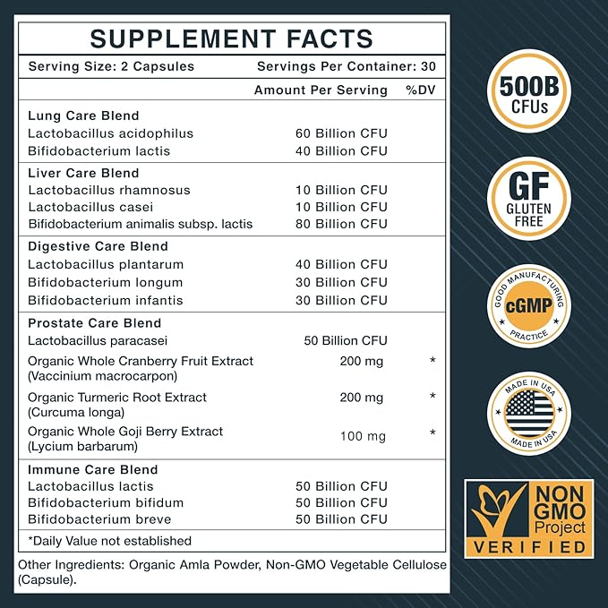Probiotics for Men, 500 Billion CFUs & 12 Strains, Probiotics for Digestive Health, Men's Probiotic with Turmeric, Cranberry, Goji, for Overall Digestive, Immune Health, Gut & Bloating, 120 Day Supply
