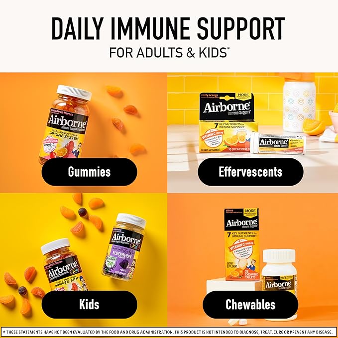 Airborne 1000mg Vitamin C with Vitamin D & Zinc, SUGAR FREE Multivitamin Immune Support Supplement, Antioxidants Vitamins A C & Vitamin E, 30 Effervescent Tablets, Very Berry Flavor