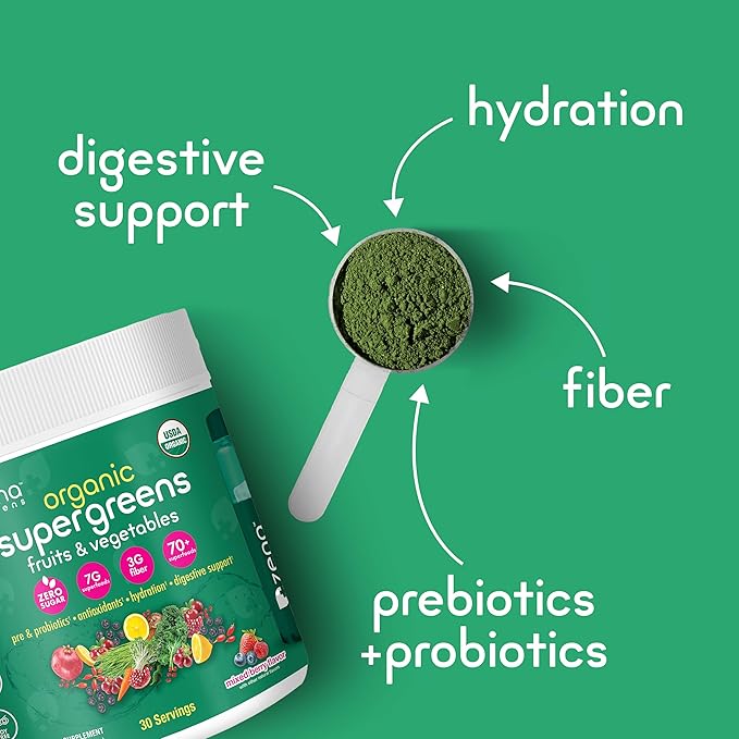 Zena Organic Super Greens Powder, 70+ Superfoods Drink Mix, 0 Sugar, 3G Fiber, Fruits, Veggies, Spirulina, Chlorella, Antioxidants, Pre & Probiotics, Digestive Enzymes, Mixed Berry Flavor, 30 Servings