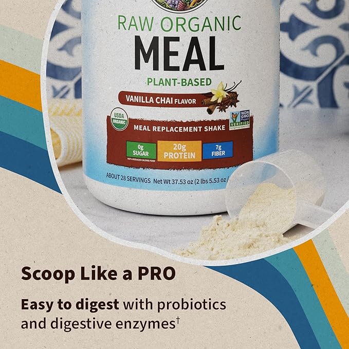 Garden of Life Meal Replacement Shakes, Vegan Protein Powder, Raw Organic Protein Powder, Vanilla Chai Protein Powder with Plant Based Pea Protein, Sprouts, Greens, Probiotics, Dairy Free 28 Servings