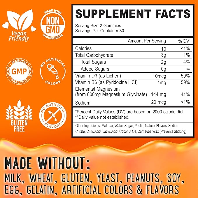 Magnesium Glycinate Gummies 400mg - Magnesium for Sleep, Calm, Relax & Muscle Relief with B6 & D3 and No Melatonin - Family-Friendly for Kids, Teens & Adults - Vegan & Non-GMO Supplement - 60 Count