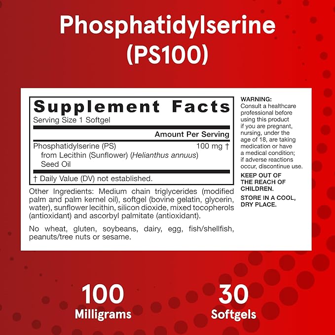 Jarrow Formulas PS100 Phosphatidylserine 100 mg, Dietary Supplement for Brain Health and Cognition Support, 30 Softgels, 10-30 Day Supply, Pack of 12