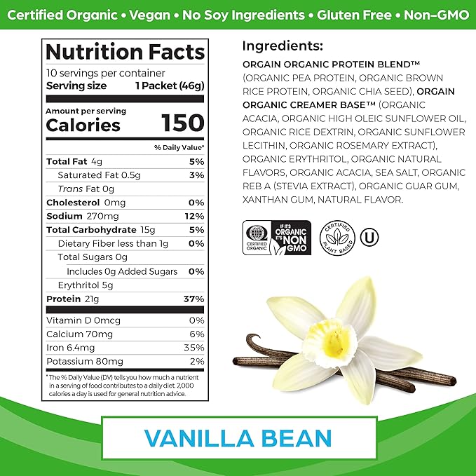 Orgain Organic Vegan Protein Powder, Vanilla Bean - 21g Plant Protein, 5g Prebiotic Fiber, Low Carb, No Lactose Ingredients, No Added Sugar, Non-GMO, For Shakes & Smoothies, 10 Travel Packs